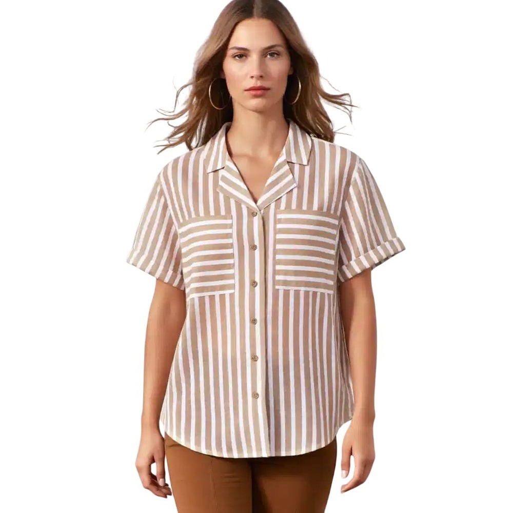 Members Mark Womens Tencel Camp Shirt‎ Striped Relaxed Fit Button Front S  NWT